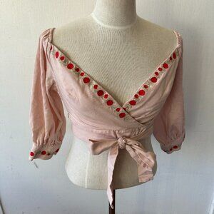 Herencia Rosalinda Crop Top Womens Medium Pink Embroidered Floral Square Neck